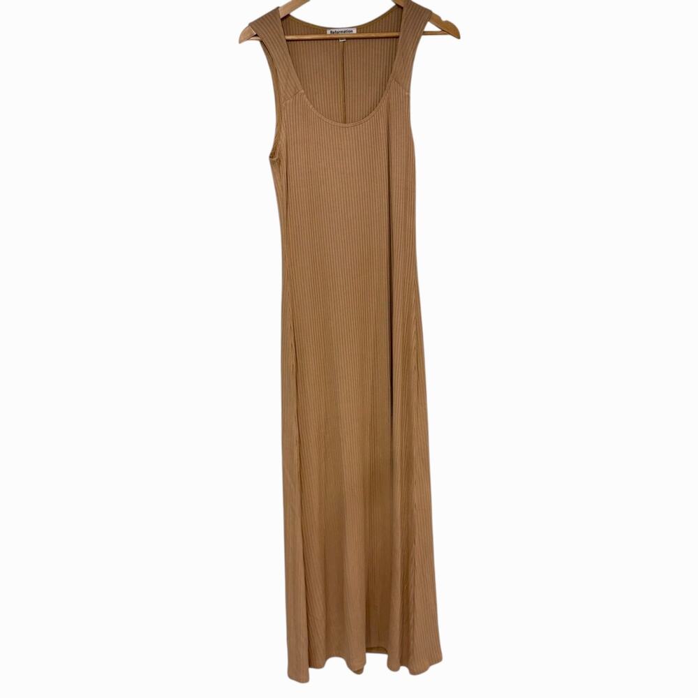 Reformation Bliss Dress Ribbed Maxi Sleeveless Scoop Neck Tan Large